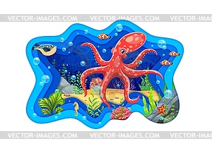 Paper cut banner with sea octopus and underwater - royalty-free vector image