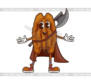 Groovy pecan nut superhero character with ax - vector clip art