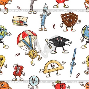 Cartoon school stationery characters tile pattern - vector clipart