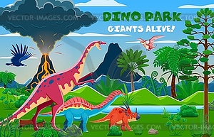 Prehistoric era landscape, volcano and dinosaurs - vector clipart