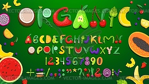 Fruit and vegetable font, healthy type alphabet - vector image