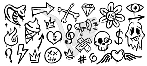 Grunge graffiti spray arrow, skull, crown, heart - vector image