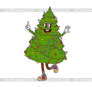 Groovy Christmas pine tree retro cartoon character - vector clipart