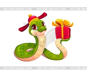 Cartoon green snake character holding gift box - vector image