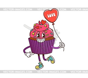 Cartoon cupcake groovy character holds balloon - stock vector clipart