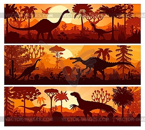 Prehistoric era dinosaurs forest sunset landscape - vector image