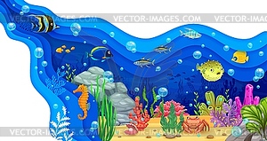 Paper cut sea underwater landscape, tropical fish - vector clipart