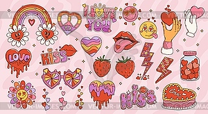 Cartoon retro groovy hippie love symbols and signs - vector clipart