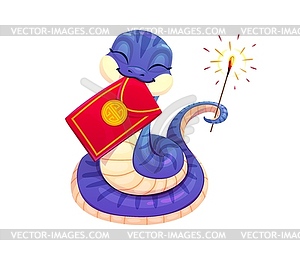 Cartoon blue snake with red envelope and sparkler - vector image