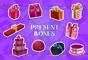 Gift boxes with ribbons and bows stickers pack - vector image