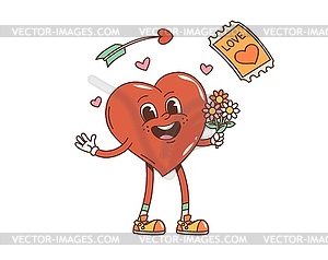 Cartoon retro valentine groovy heart with flowers - stock vector clipart