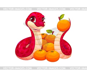 Cute cartoon red snake character with mandarins - vector image