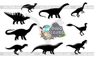 Dinosaur silhouettes with cartoon baby dino in egg - vector clipart