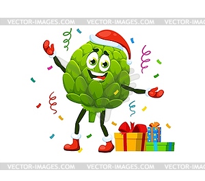 Cartoon Christmas artichoke character, Santa gifts - vector clipart