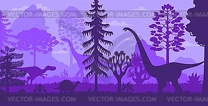 Prehistoric dinosaurs silhouettes in jungle forest - vector clipart