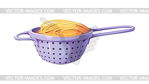 Pasta strainer with spaghetti for cooking process - vector clipart