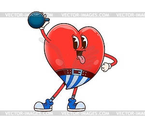 Cute groovy heart character lifting heavy barbell - vector image