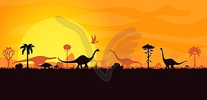 Dinosaurs silhouettes in sunset Jurassic landscape - vector clipart