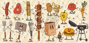 Retro cartoon groovy bbq barbeque food characters - vector EPS clipart