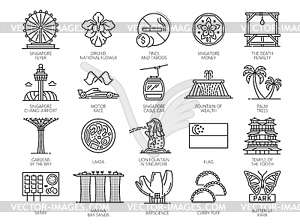 Singapore travel vacation icons, line landmarks - vector image