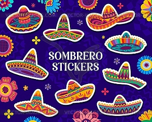 Mexican sombrero hat stickers with Latin ornament - vector image