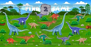 Find two same prehistoric dinosaurs puzzle game - vector clipart