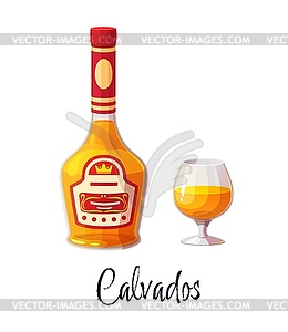 Calvados alcohol bottle and glass for bar drink - vector image