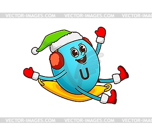 Christmas groovy vitamin U character riding sledge - vector clipart