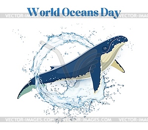 World oceans day banner, whale in water splash - vector clip art