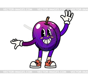 Cartoon groovy plum fruit character with smiles - vector clipart