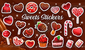 Valentines heart chocolate candy, cake stickers - vector image