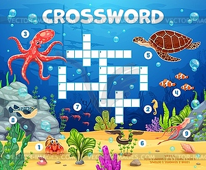 Sea animals at underwater landscape crossword quiz - vector clipart