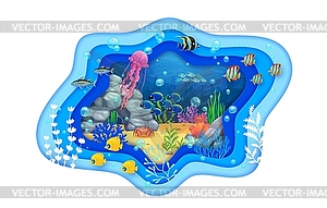 Paper cut underwater landscape with fish shoal - vector clip art