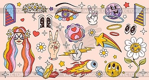 Retro groovy hippie symbols, rainbow eyes, flowers - vector clip art