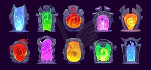 Magic portal doors, fantasy stone arch game asset - vector image