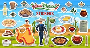 Mexican cuisine and national characters stickers - vector clip art