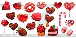 Valentine heart pink candy lollypop, sweets, cakes - vector image