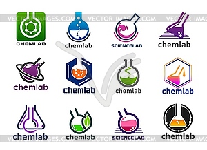 Лаборатория, значки химической лаборатории, пробирки, мензурки - векторный эскиз