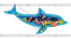 Paper cut dolphin silhouette, underwater landscape - vector clip art