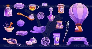 Lavender cosmetics, perfume and oil with flowers - vector clip art