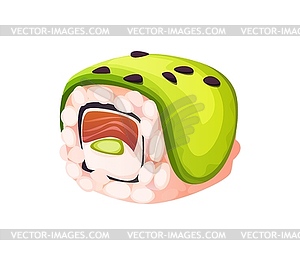 Cartoon Japanese uramaki sushi roll with cucumber - vector image