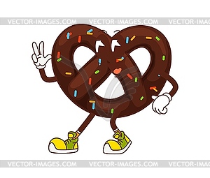 Cartoon pretzel groovy character with peace sign - vector clipart