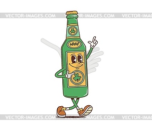 Cartoon groovy green beer bottle, St Patrick day - vector image