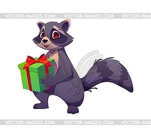 Cartoon Christmas raccoon character with gift box - vector clipart