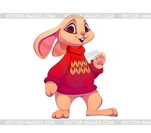 Cartoon rabbit character in knit Christmas sweater - vector image