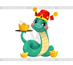 Cartoon snake in Chinese hat, balances gold ingot - vector clipart