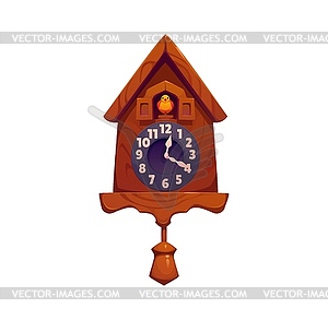 Cartoon wooden cuckoo clock with bird emerging - vector image