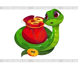 Cartoon funny snake curls around red money sack - vector EPS clipart