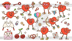 Retro groovy valentine and love heart characters - vector clipart