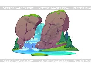 Waterfall, water cascade of river on mountain rock - vector clipart